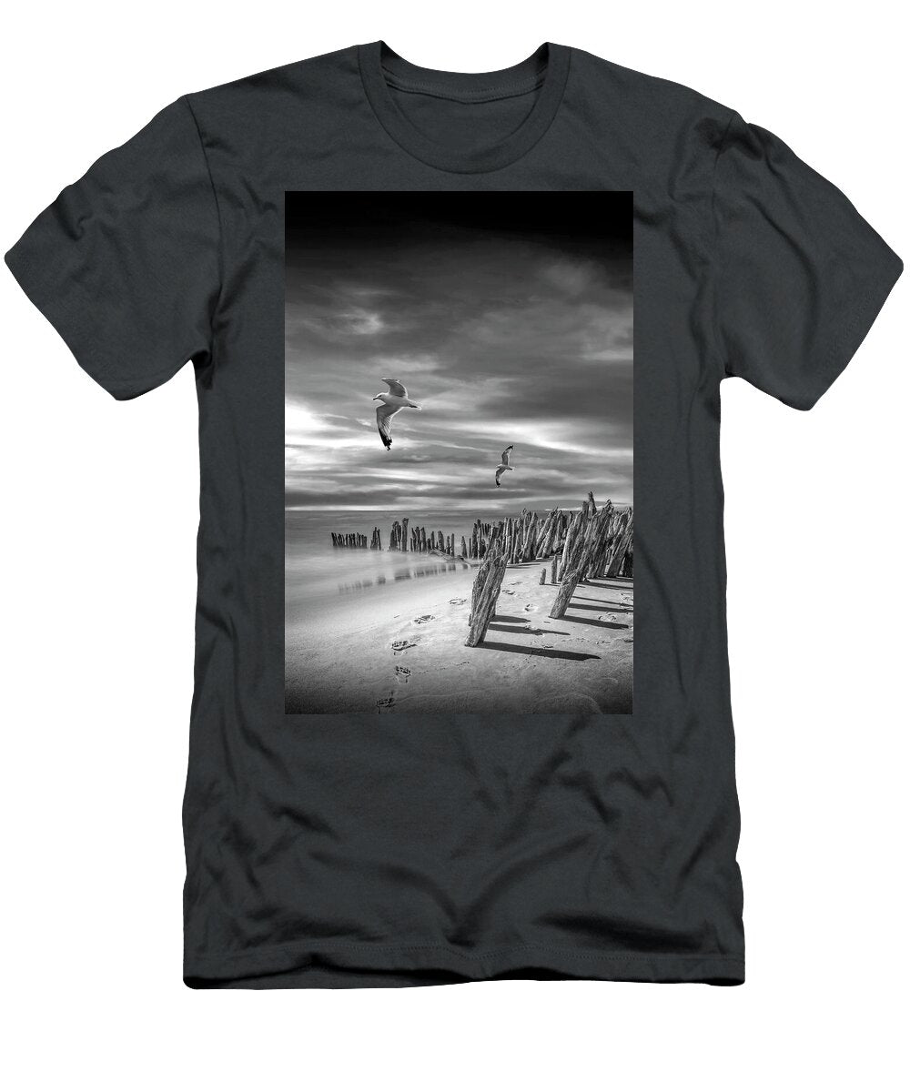 1 Footprints and Pilings on the Beach At Kirk Park By Grand Haven Randall Nyhof T-Shirt