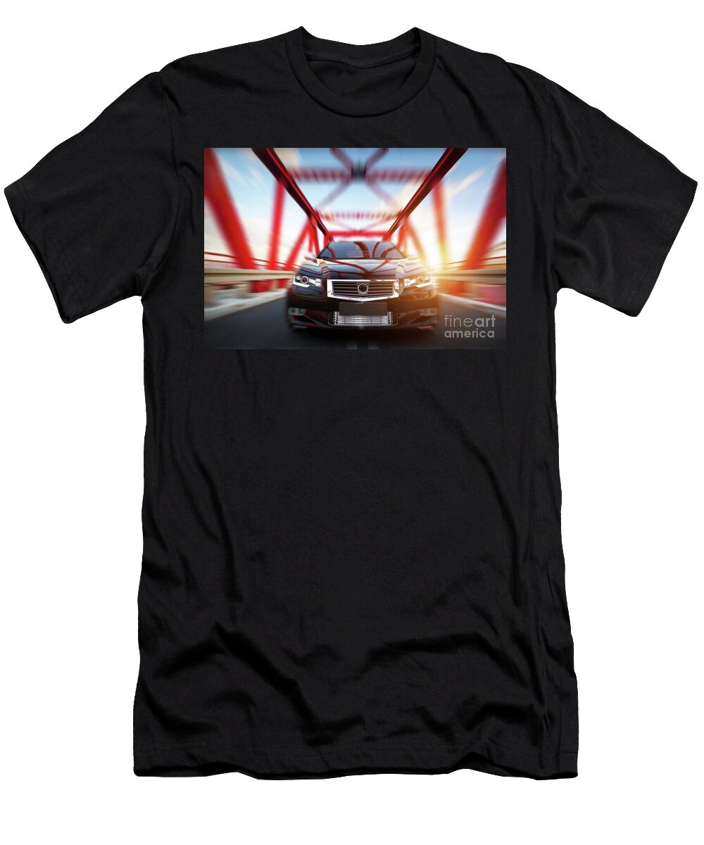 1 Modern Black Metallic Sedan Car on the Bridge Road Generic Desing Brandless Michal Bednarek T-Shirt