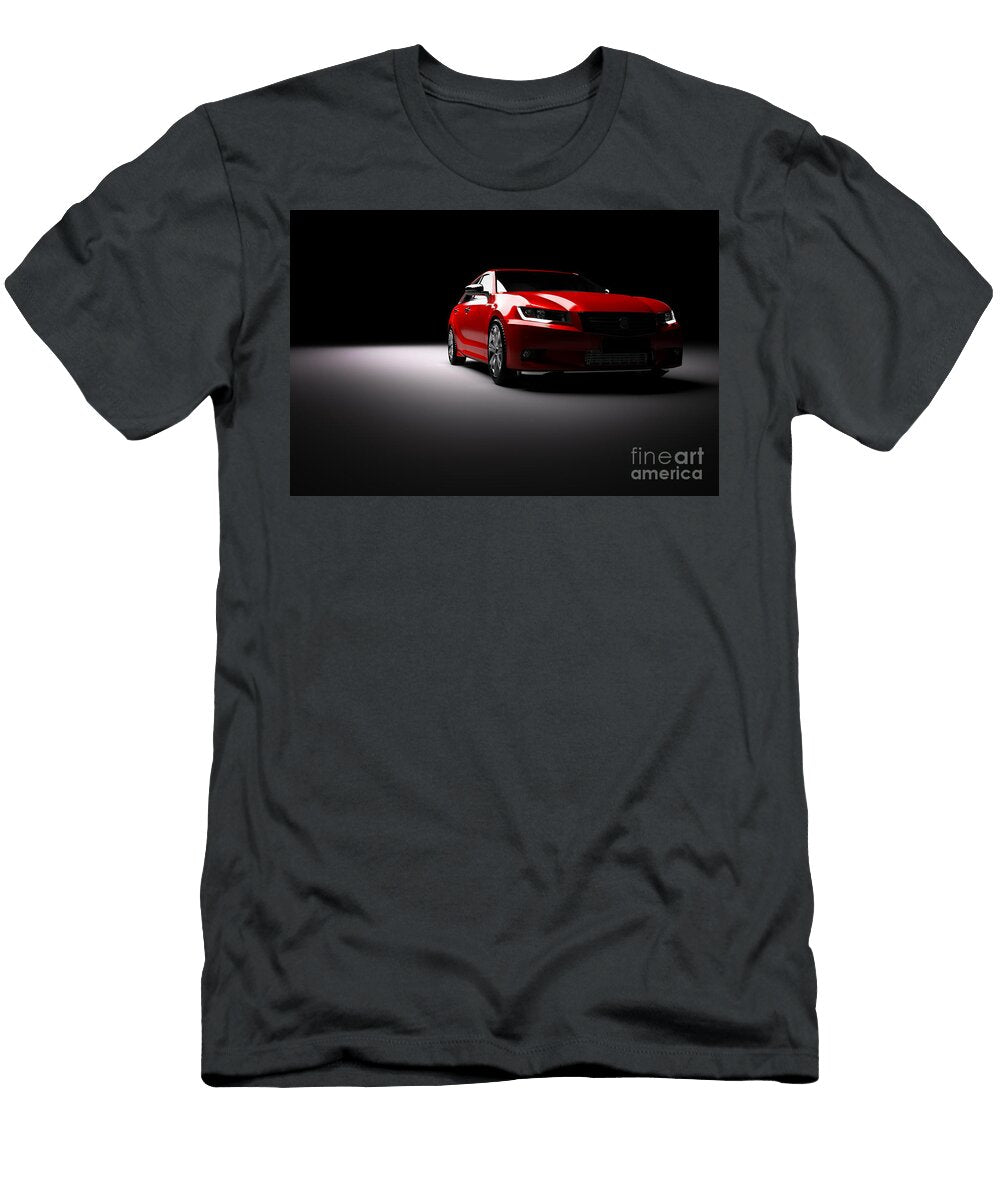 1 New Red Metallic Sedan Car in Spotlight Modern Desing Brandless Michal Bednarek T-Shirt