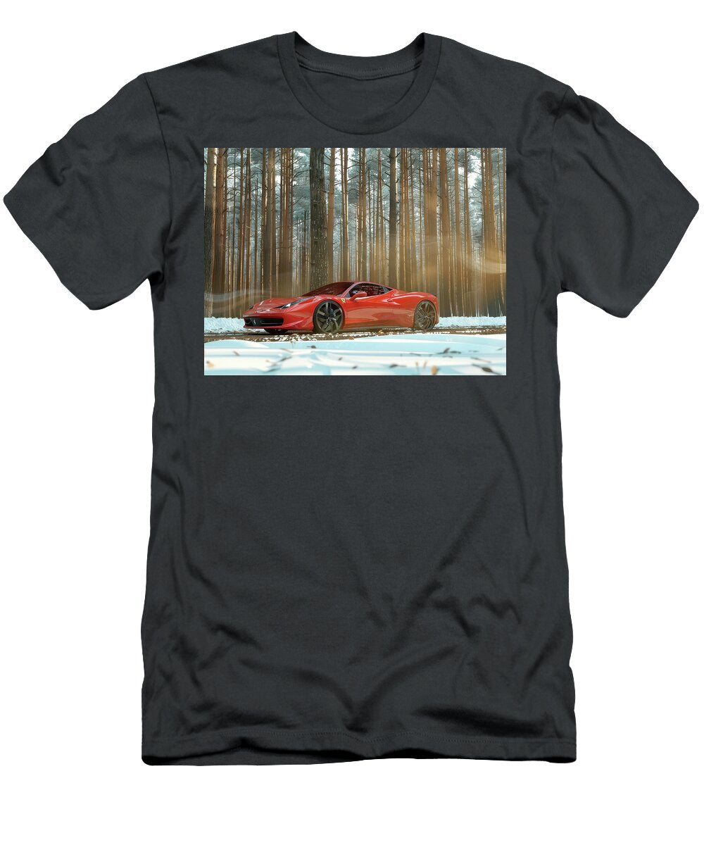 1 Red Sports Car in Winter Forest Evie Carrier T-Shirt