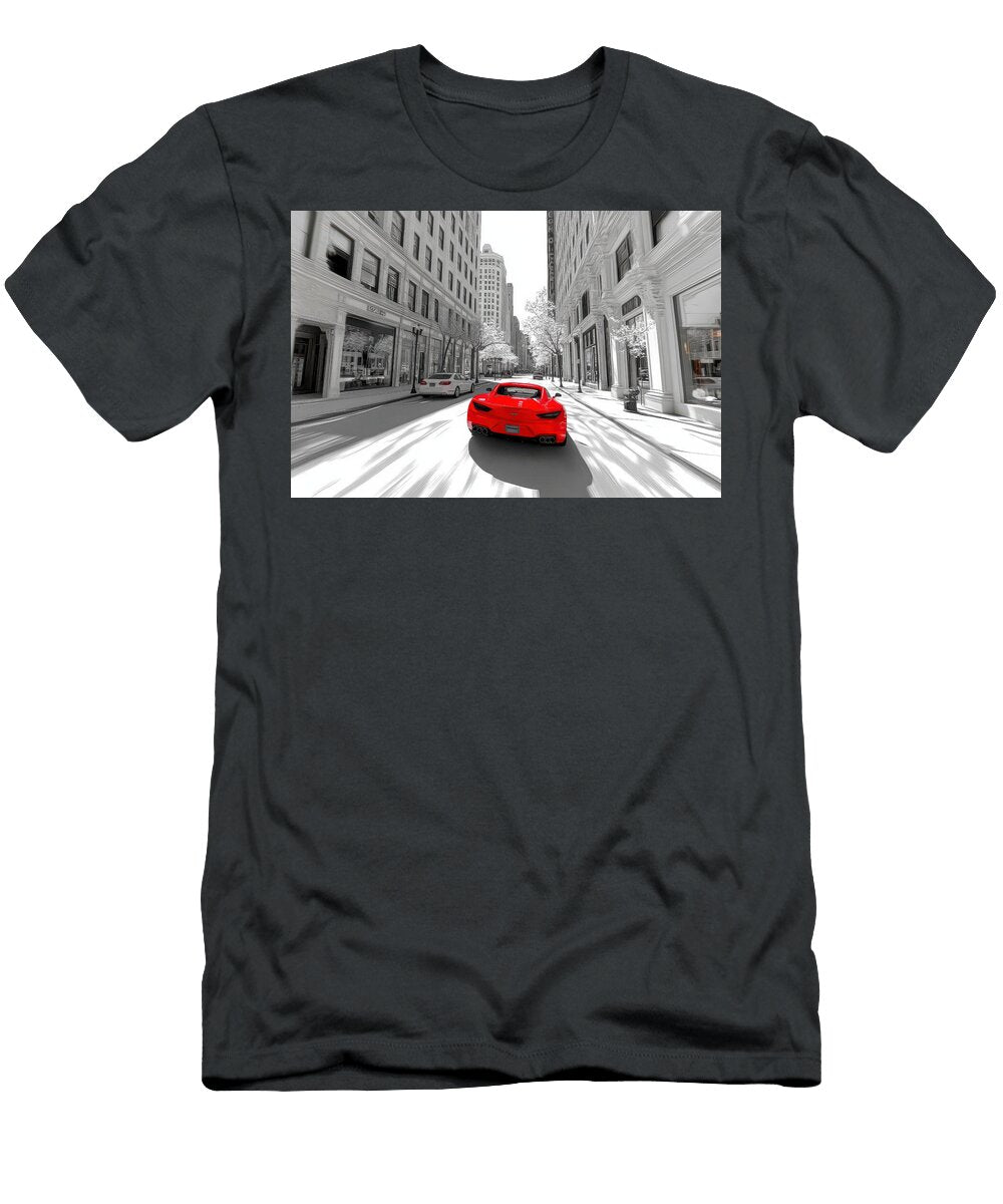 1 Red Sports Car on City Street Evie Carrier T-Shirt