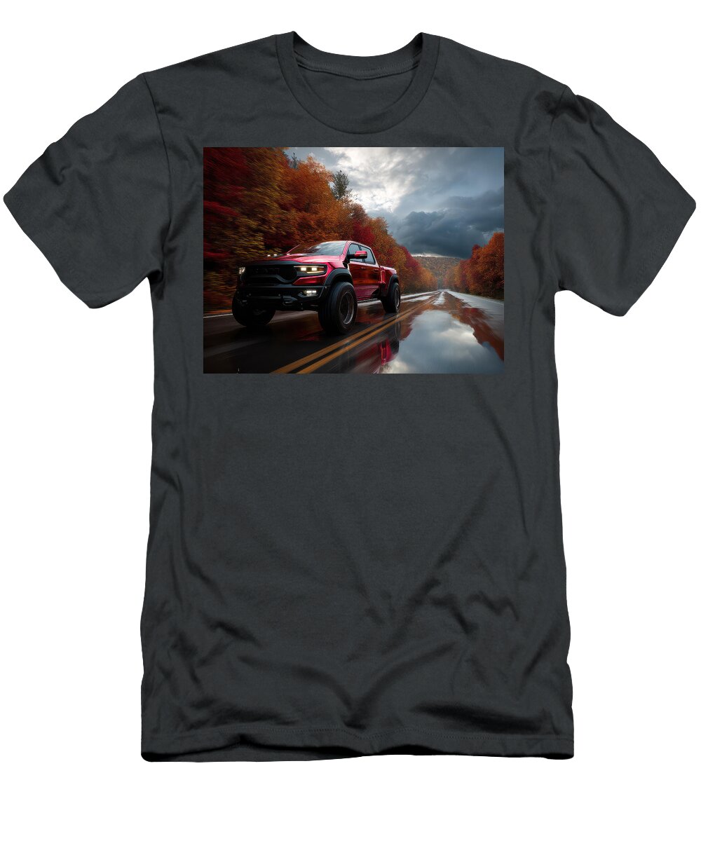 1 Red Truck on Scenic Autumn Road Evie Carrier T-Shirt
