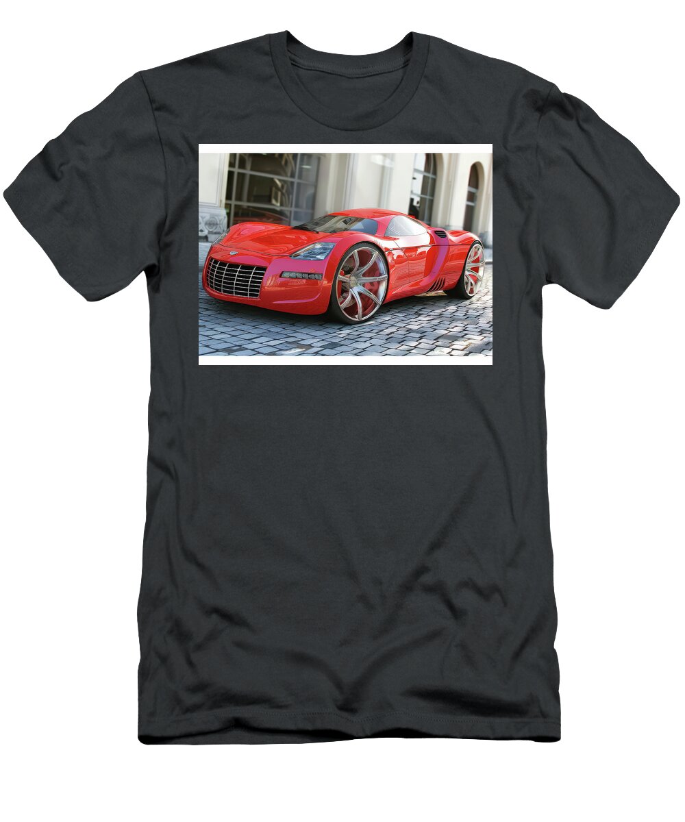 1 Sleek Red Sports Car on Cobblestone Evie Carrier T-Shirt