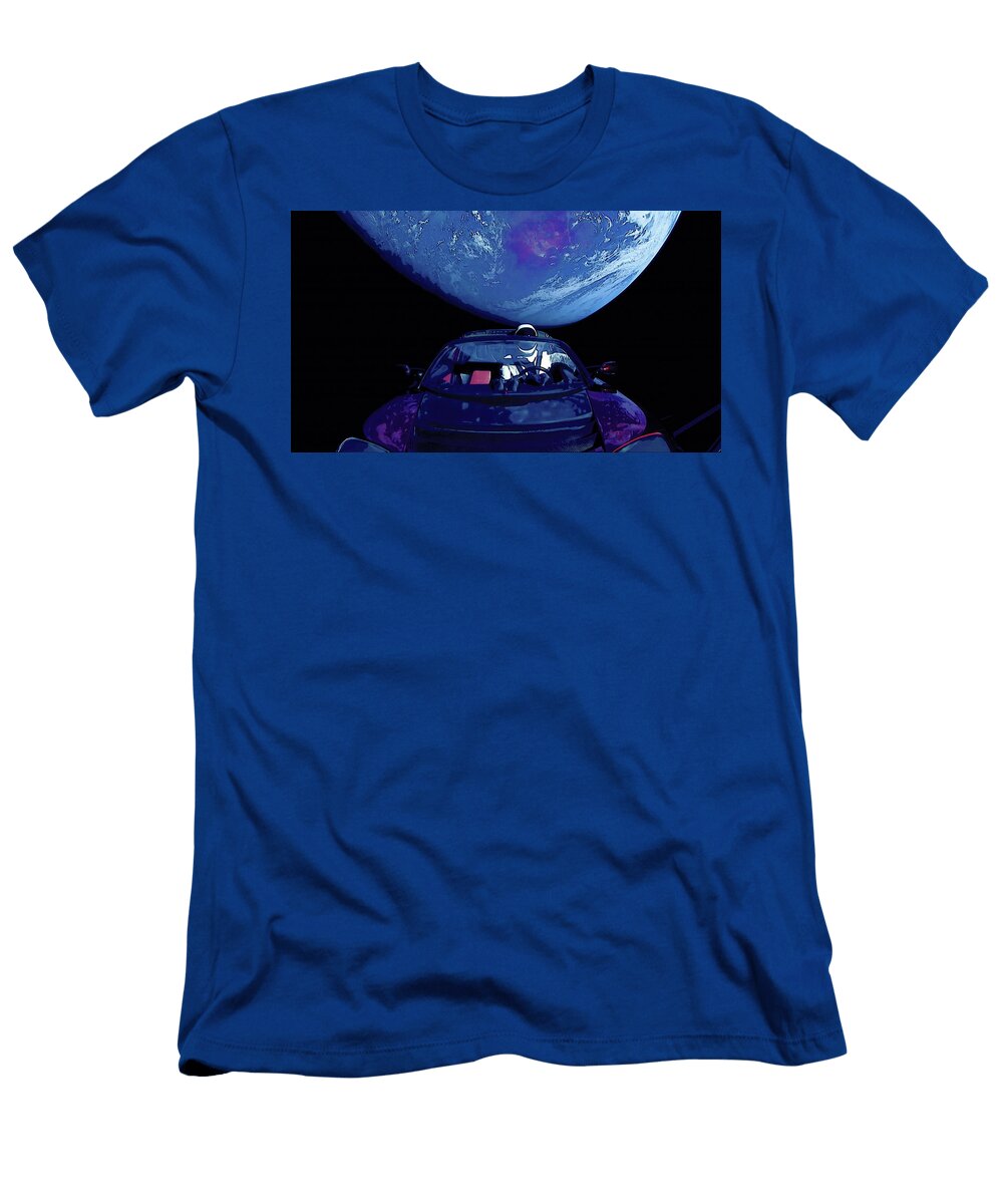 1 Starman in Tesla Roadster with Planet Earth Traveling in the Space and the East Coast of Australia I Celestial Images T-Shirt