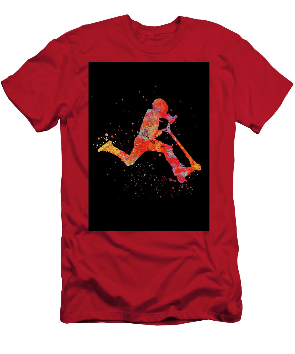 1 Watercolor Scooter Boy Watercolor Print Kick Scooter Rider Boy Stunt Kick Scooter Extreme Sport Prin Leith Huber T-Shirt
