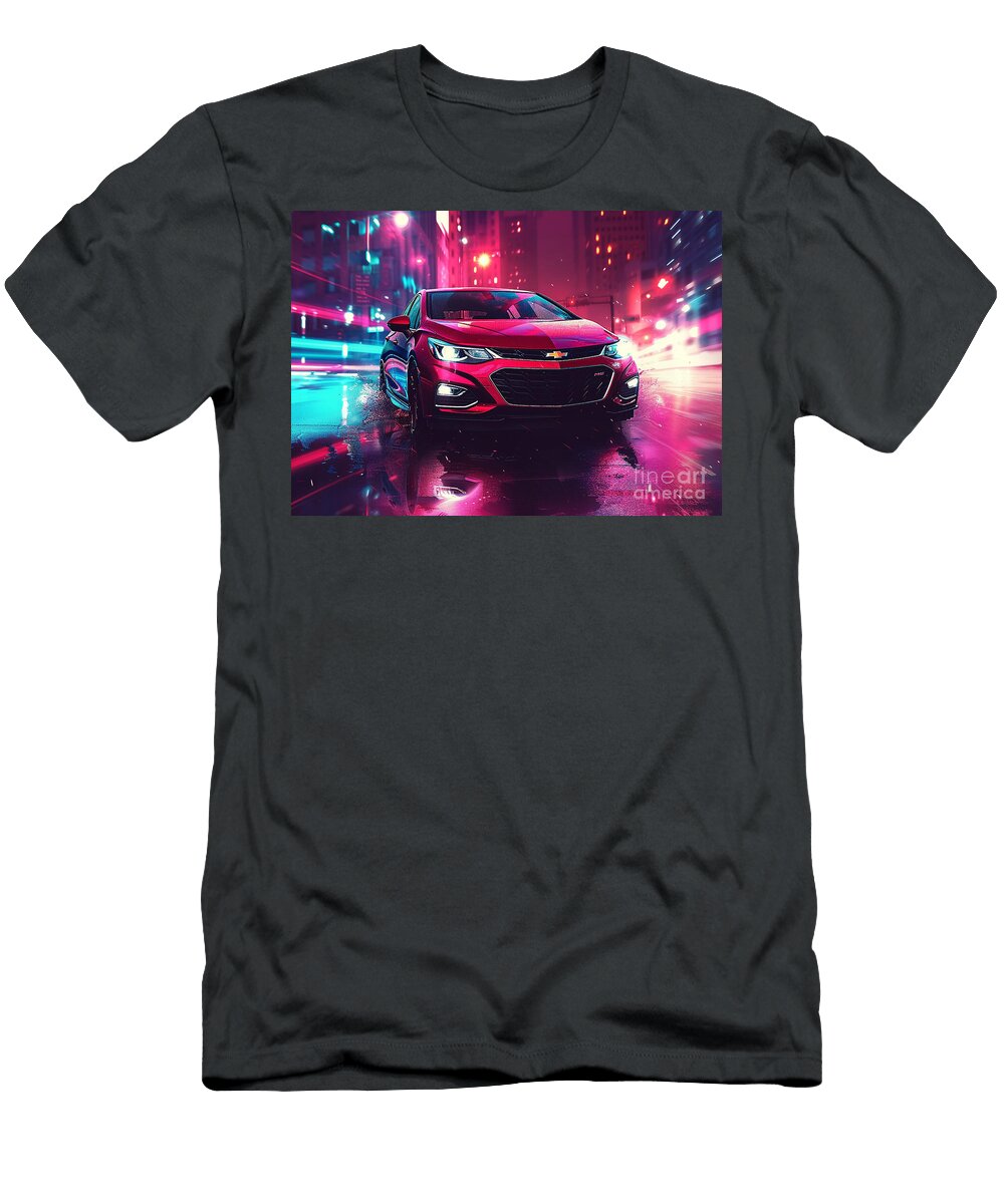 14 Red Car Driving Through Neon City At Night Lowell Harann T-Shirt