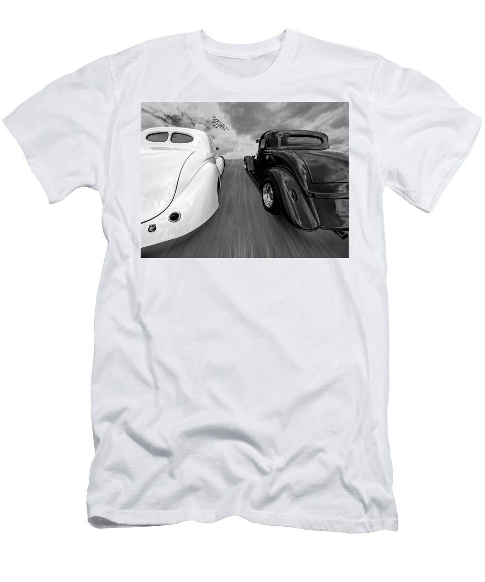 1941 Willys Vs 1934 Ford Coupe in Black and White Gill Billington T-Shirt