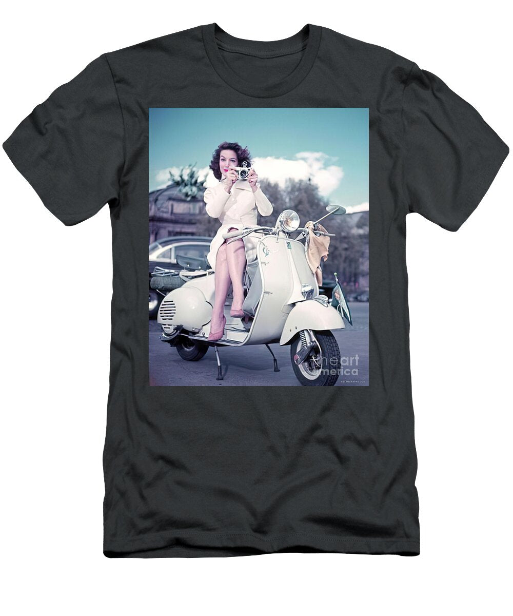 1960s Fashion Model on Motor Scooter with Camera Retrographs T-Shirt
