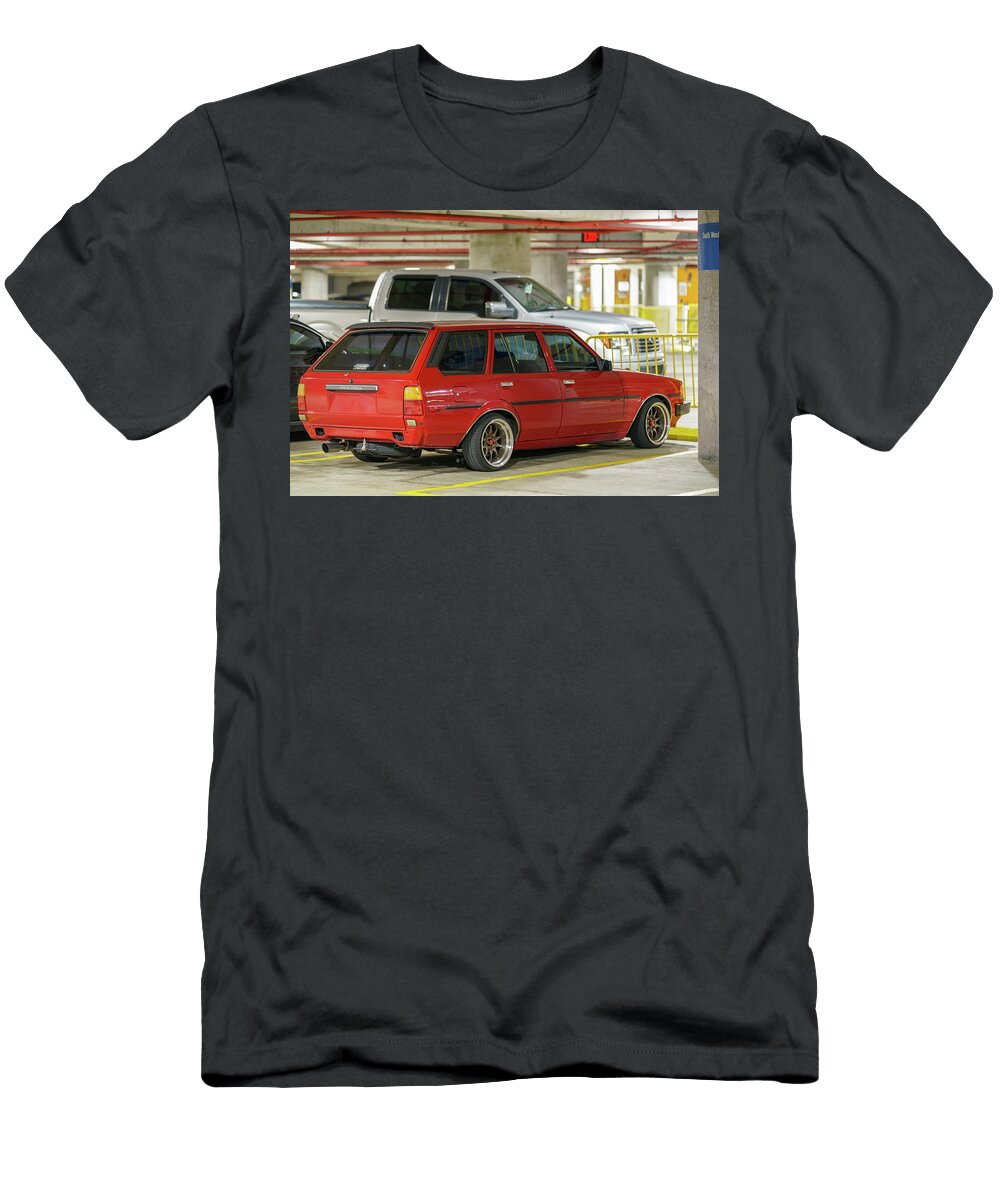 1980 Red Toyota Corolla Custom Lowered with Red Paint and Racing Felix Mizioznikov T-Shirt