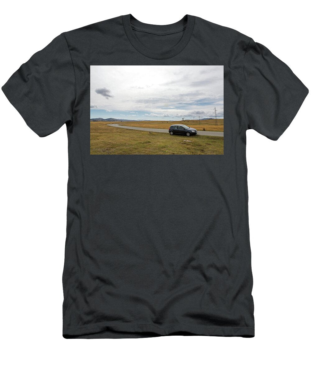 2 Car with the Traveler Stands on the Roadside in a Yellow Field in Zabljak in Montenegro Elena Saulich T-Shirt