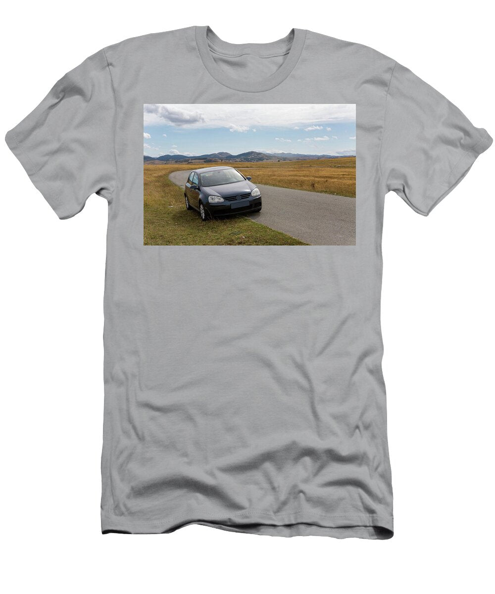 3 Car with the Traveler Stands on the Roadside in a Yellow Field in Zabljak in Montenegro Elena Saulich T-Shirt