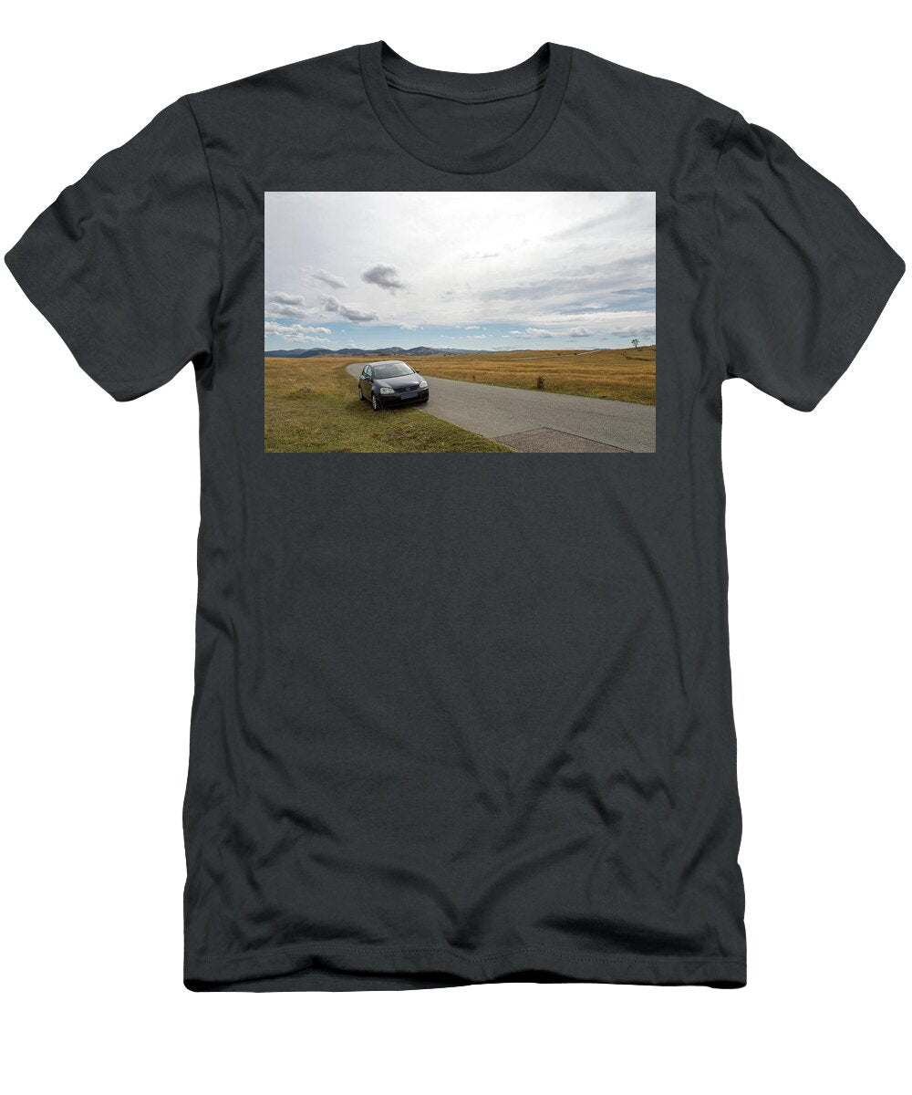 4 Car with the Traveler Stands on the Roadside in a Yellow Field in Zabljak in Montenegro Elena Saulich T-Shirt