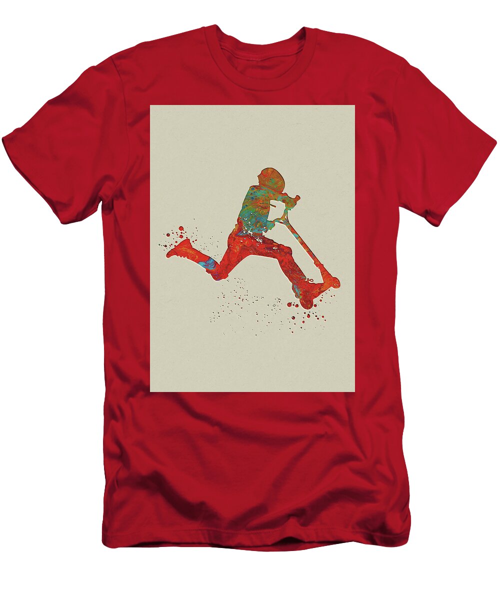4 Watercolor Scooter Boy Watercolor Print Kick Scooter Rider Boy Stunt Kick Scooter Extreme Sport Prin Leith Huber T-Shirt