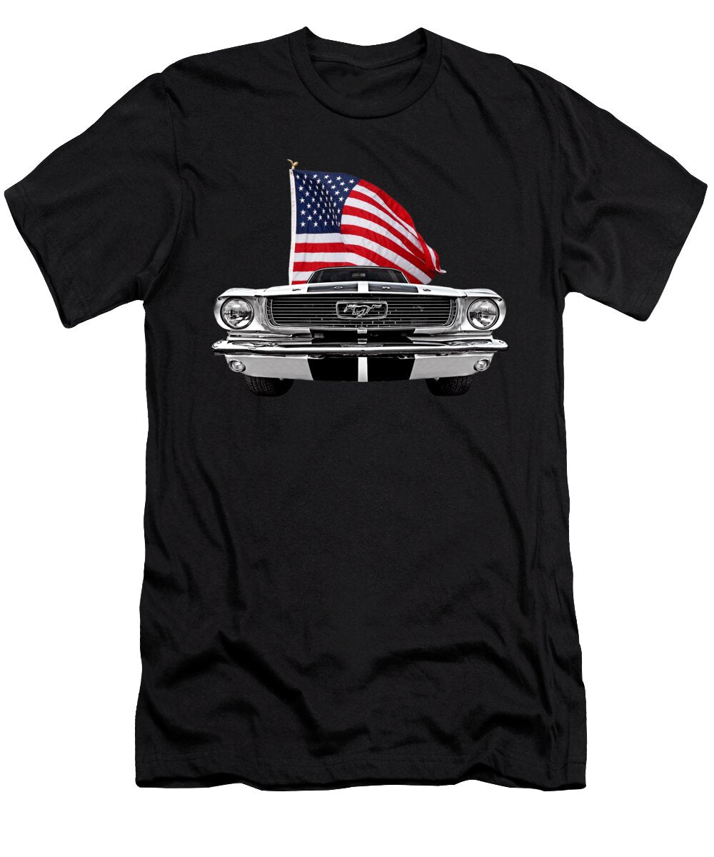 66 Mustang with US Flag on Black Gill Billington T-Shirt