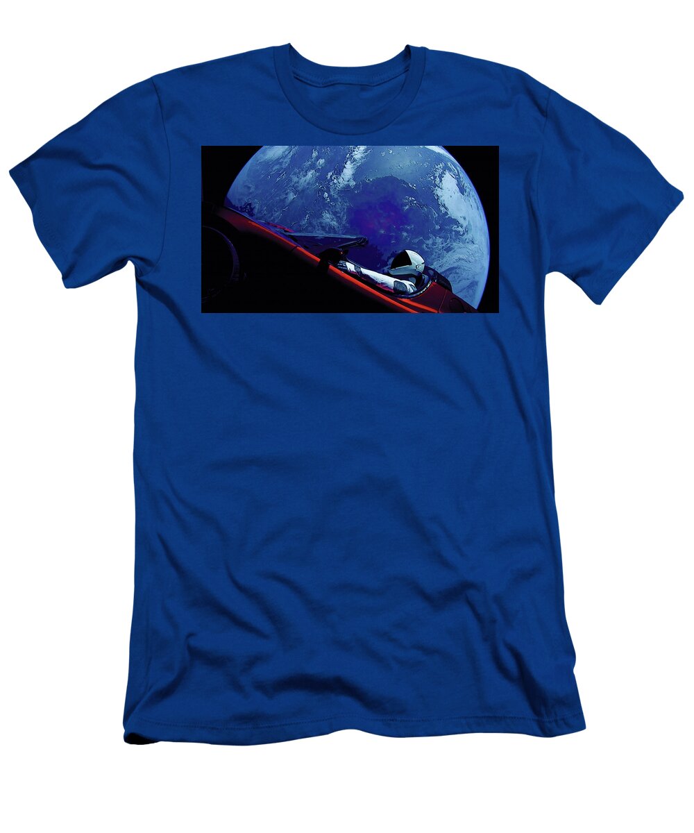 7 Starman in Tesla Roadster with Planet Earth Traveling in the Space Celestial Images T-Shirt