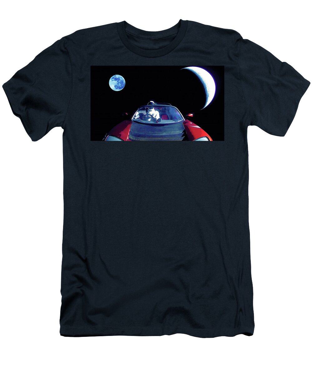 8 Starman in Tesla Roadster with Planet Earth Traveling in the Space Celestial Images T-Shirt