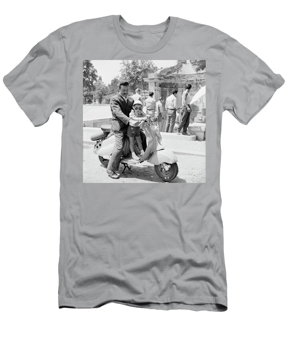 A Man and His Son on a 1955 Lambretta Scooter At a Fountain in the Harrington Collection T-Shirt
