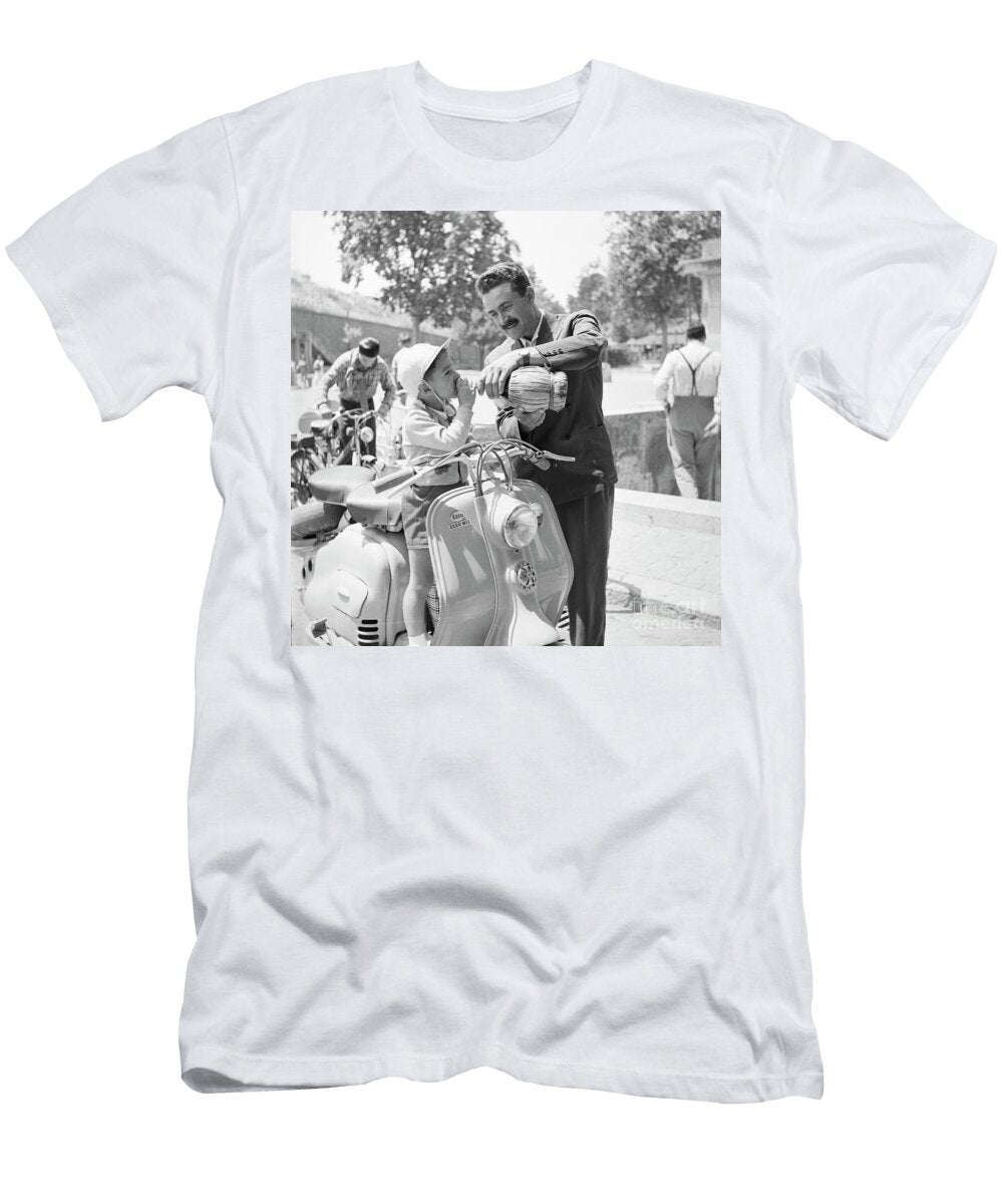 A Man and His Son on a 1955 Lambretta Scooter Drinking Water At the Harrington Collection T-Shirt