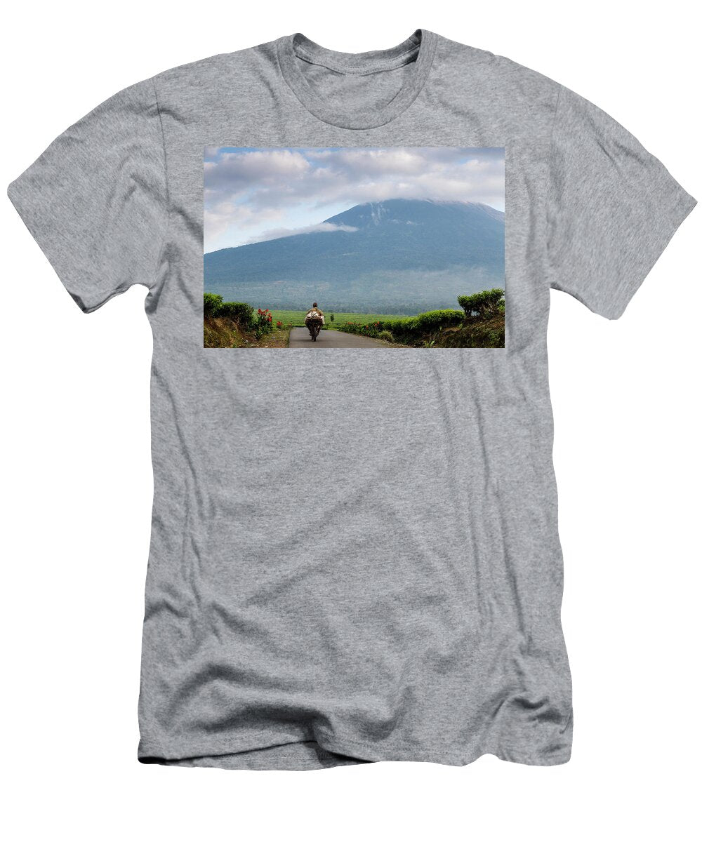 A Man Rides a Small Motorcycle Loaded Modoc Stories T-Shirt