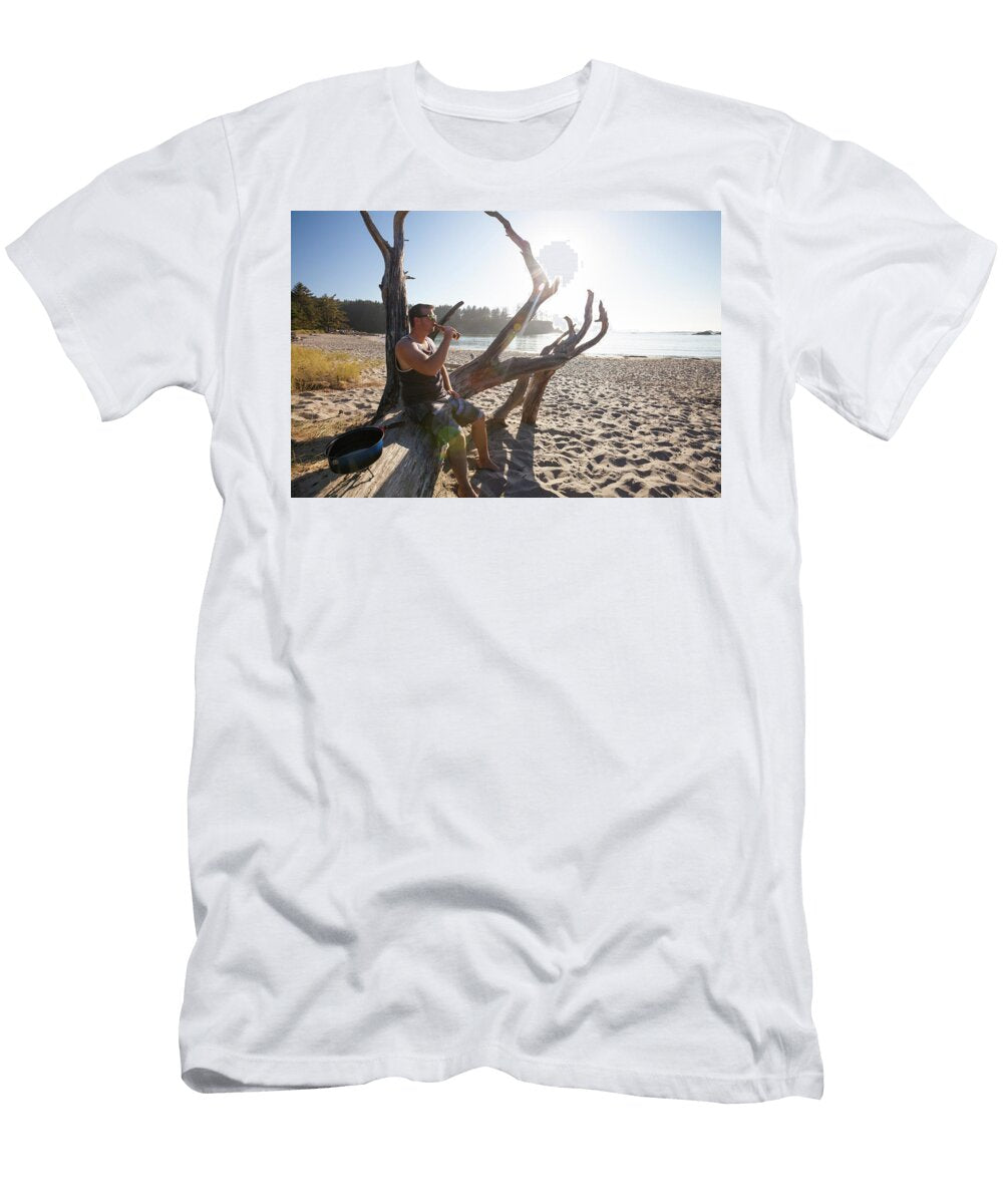 A Man Sitting on Log Drinking Beer Christopher Kimmel T-Shirt