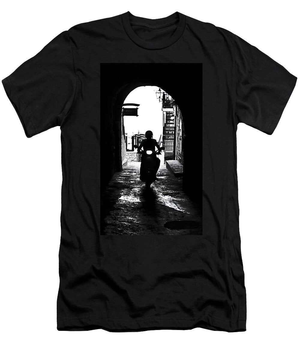 A Scooter Rider in the Back Light in a Narrow Street in Italy Joana Kruse T-Shirt