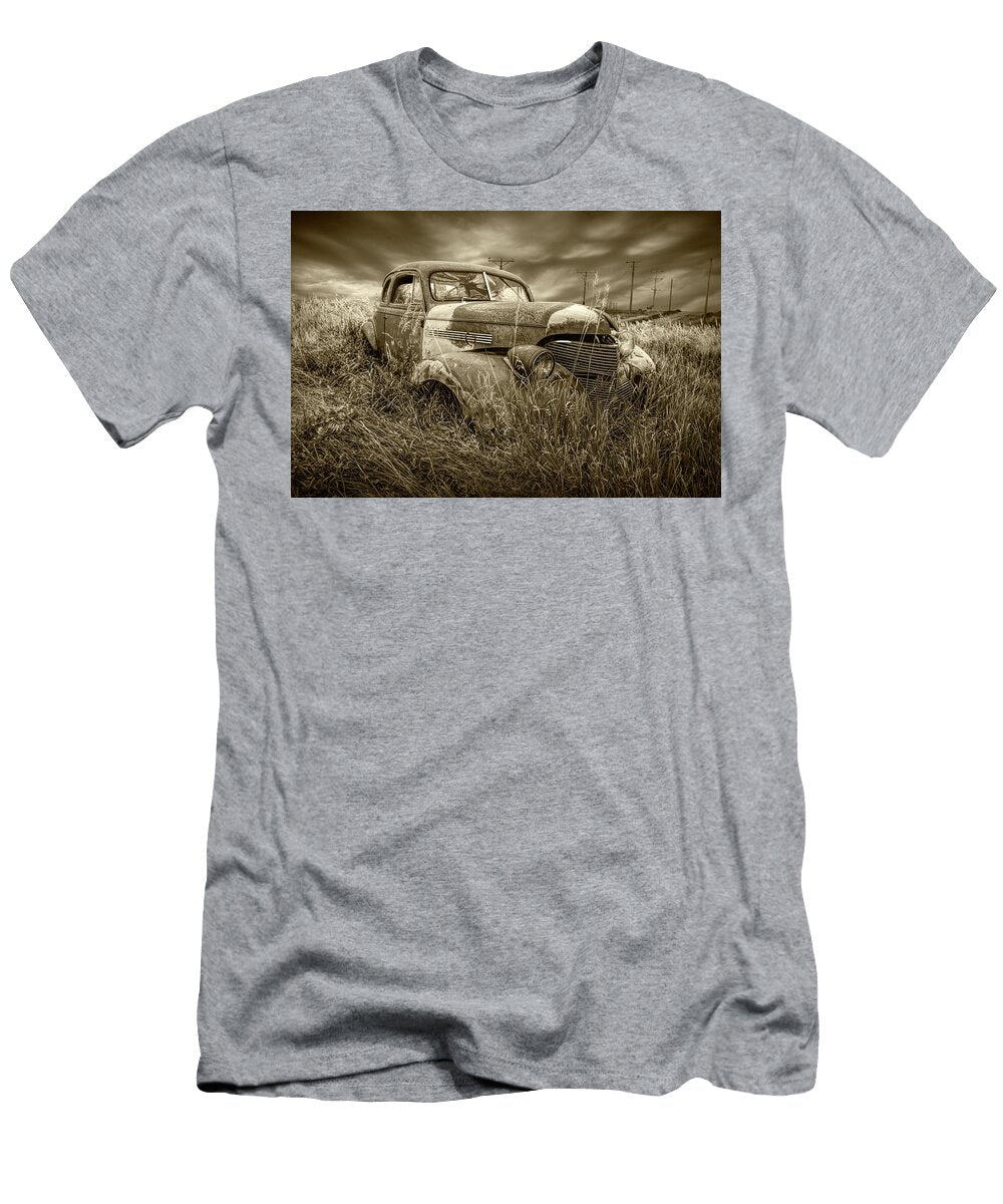 Abandoned Auto with Smashed Windshield in Sepia Tone Randall Nyhof T-Shirt
