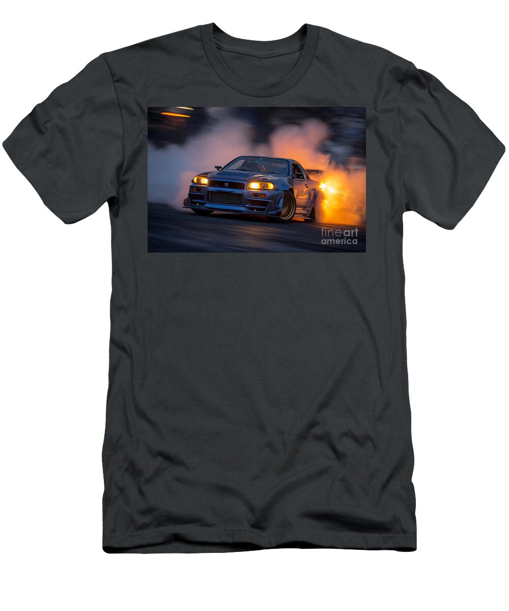 Amazing Drifting Car At Night R34 Drifting Car Fast Car Night Racing Clint Mclaughlin T-Shirt