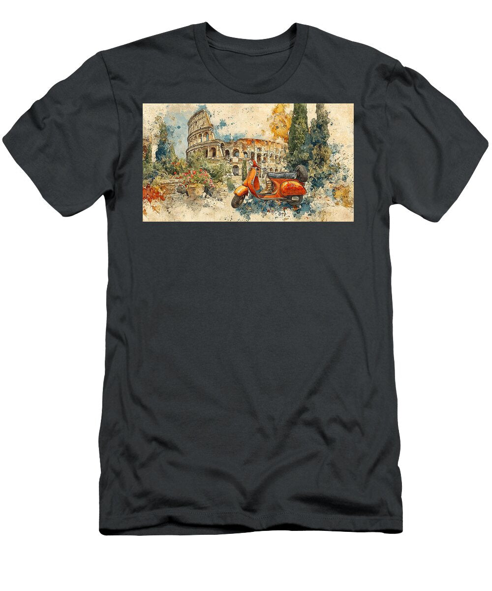 Ancient Architecture Vintage Scooter Rome Italian Landscape Elmer Powers T-Shirt