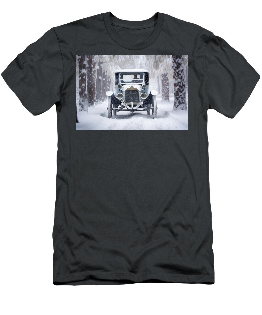 Antique Car in Snowy Forest Evie Carrier T-Shirt