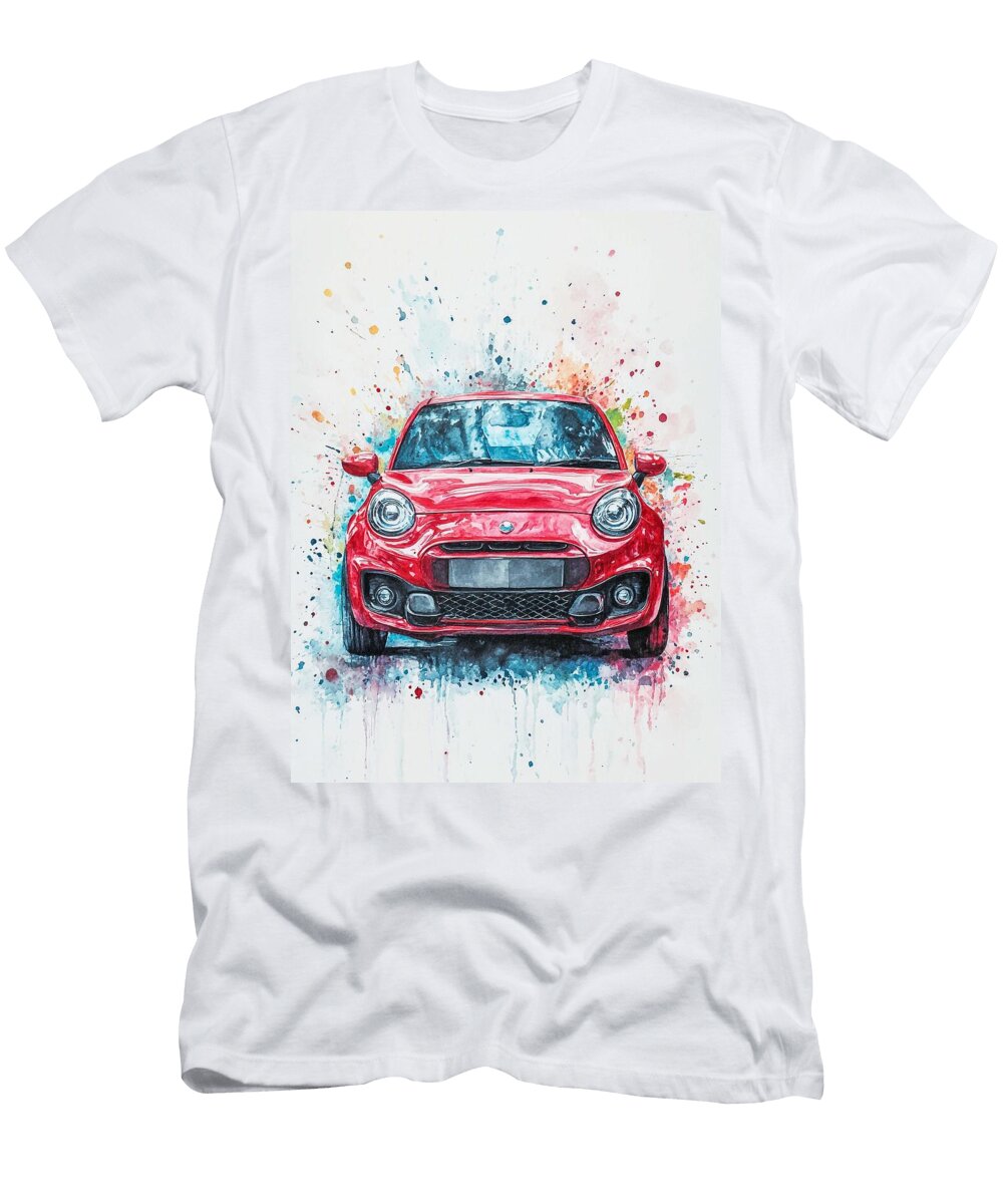 Artistic Transportation Art a Fiat 500 2021 Abarth Red Hatchback Compact Italian Vibrant Watercolor Henry George T-Shirt