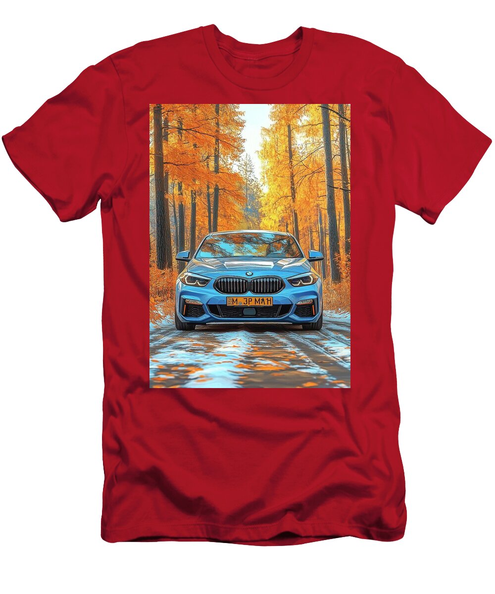 Autumn Forest Drive with a Blue Car Donato Williamson T-Shirt