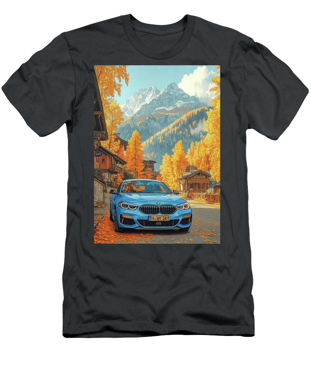 Autumn Mountain Village with a Blue Car Donato Williamson T-Shirt