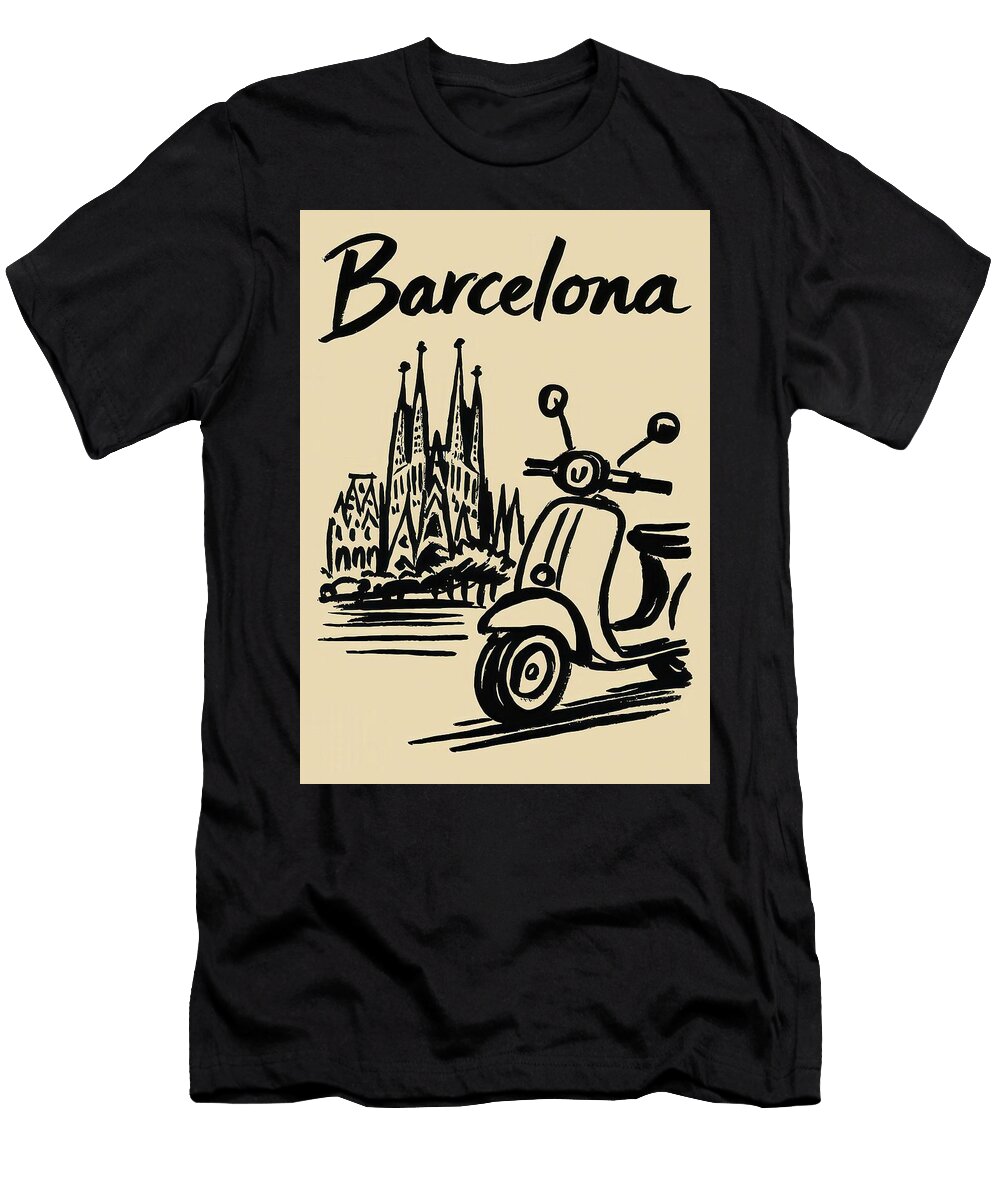 Barcelona Travel Poster with Scooter Barcelona Travel Poster with Scooter Travel Poster Art Print T-Shirt