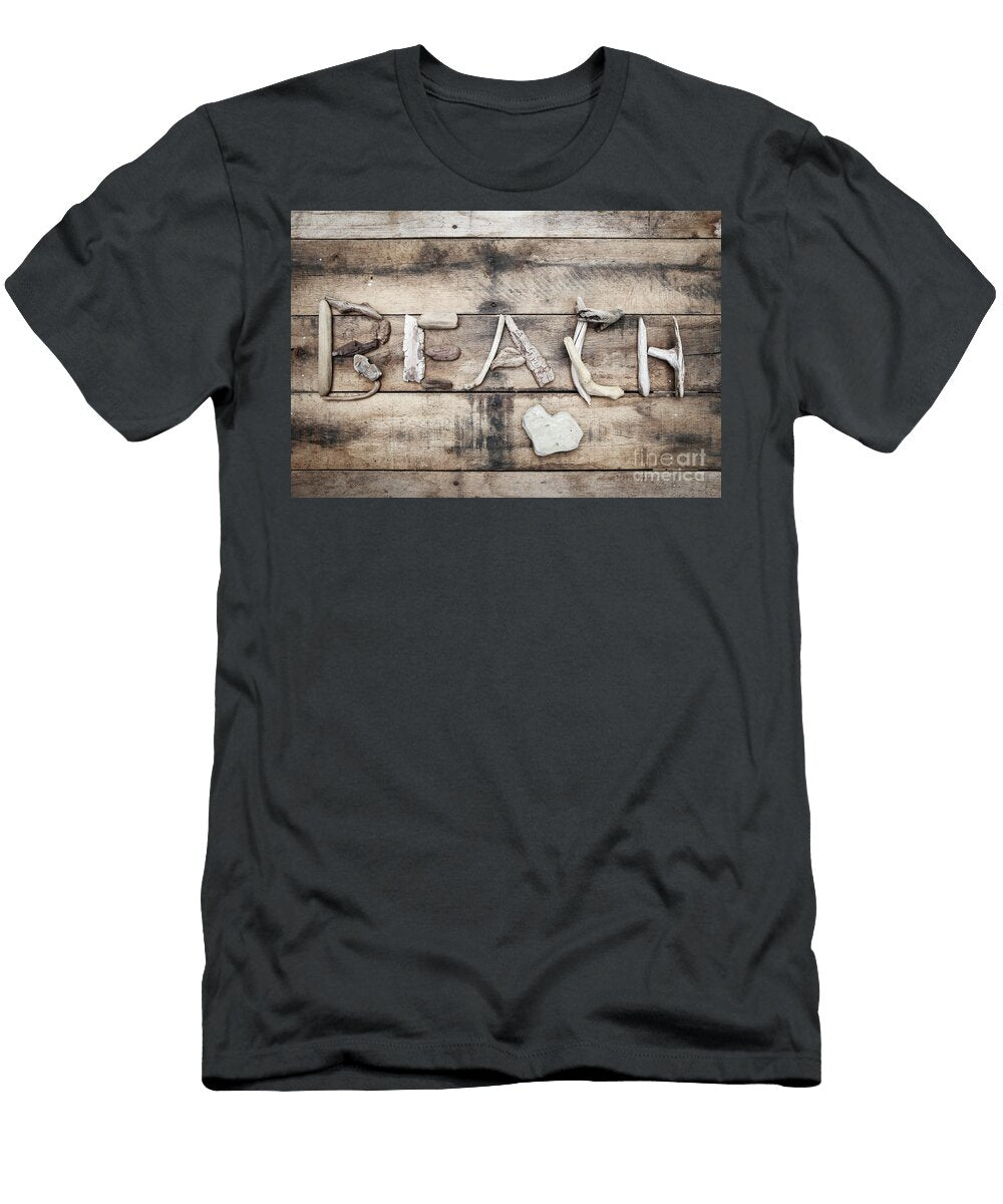 Beach Sign Made of Driftwood on a Wooden Background Suzanne Tucker T-Shirt