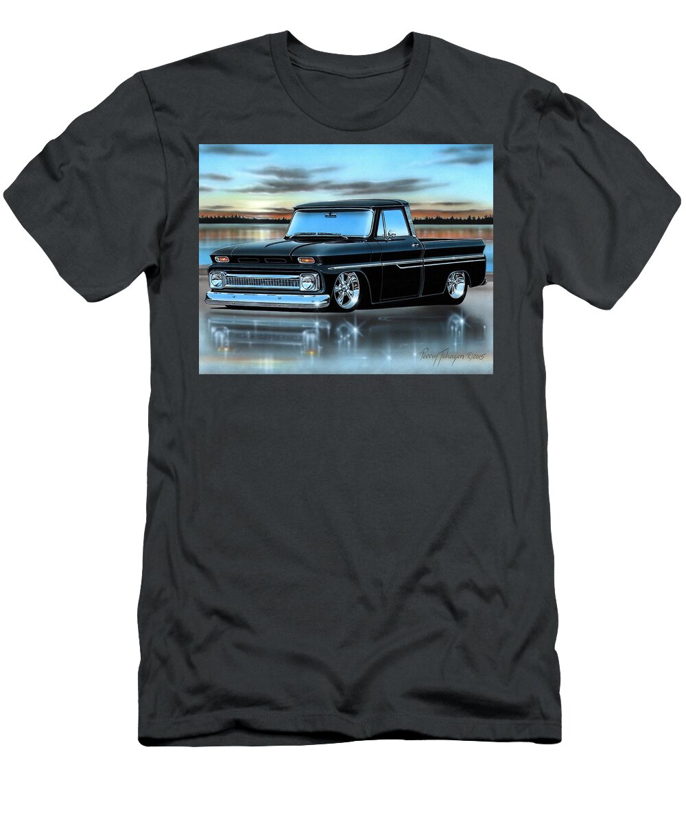 Black 1966 Chevy C10 Fleetside Pickup Truck Parry Johnson T-Shirt
