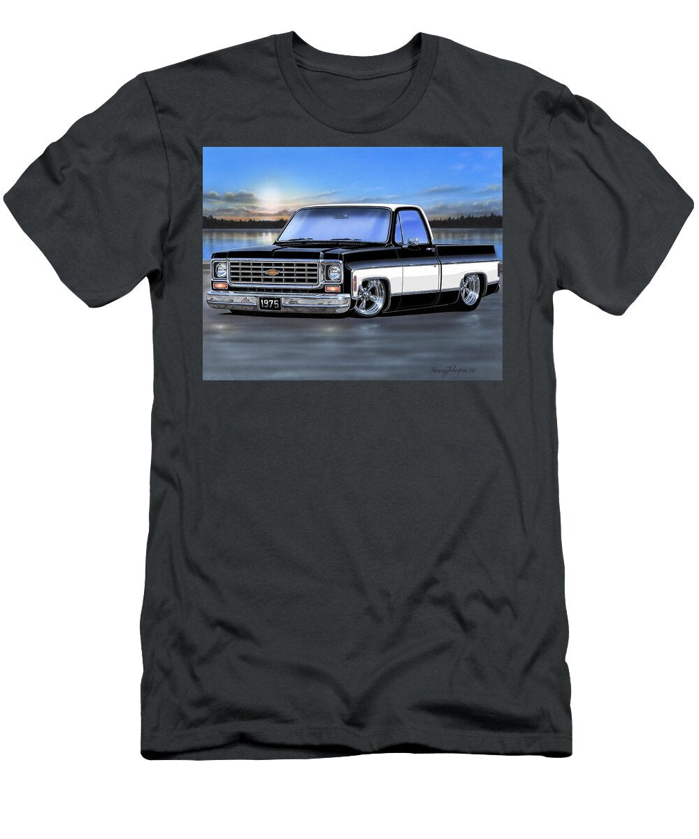 Black and White 75 Chevy C10 Fleetside Parry Johnson T-Shirt