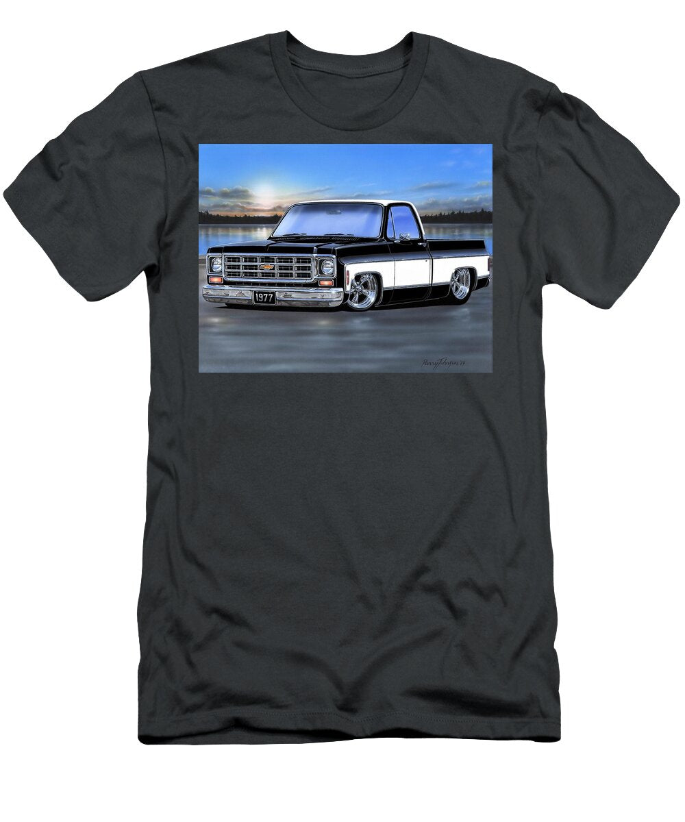 Black and White 77 Chevy C10 Fleetside Parry Johnson T-Shirt