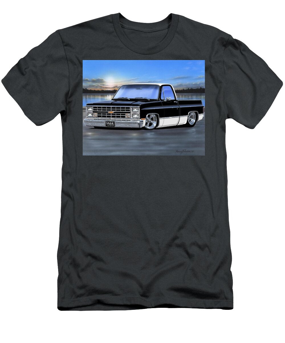 Black and White 86 Chevy C10 Fleetside Parry Johnson T-Shirt