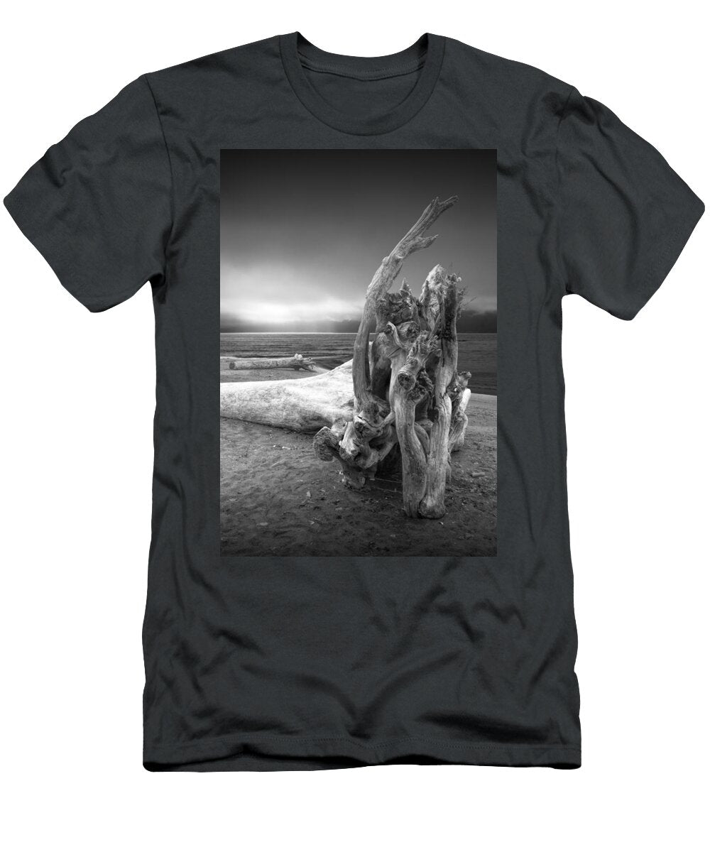 Black and White Photograph of Driftwood on the Beach Randall Nyhof T-Shirt