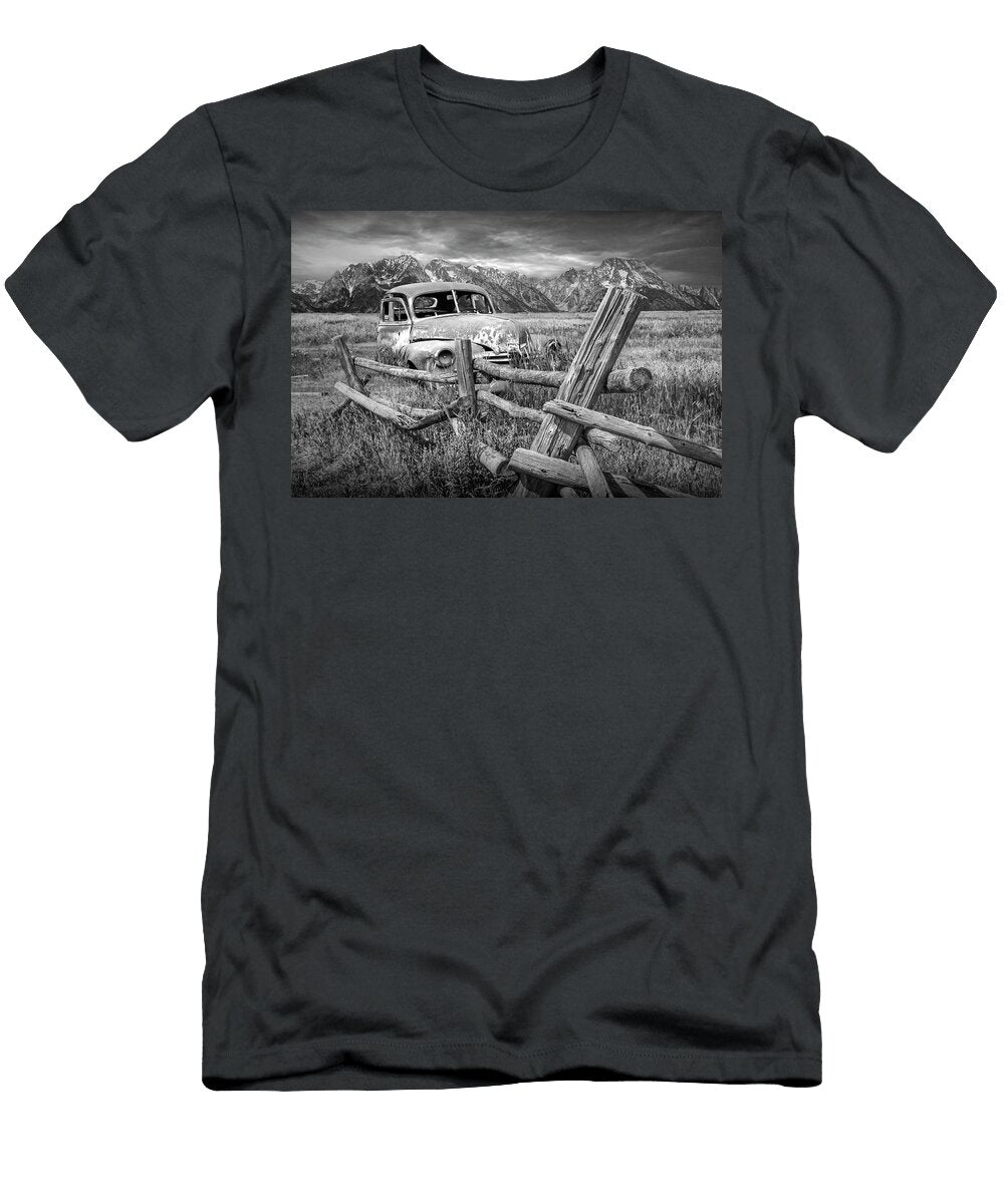 Black and White Photograph of Rusted Vintage Automobile Out West Randall Nyhof T-Shirt