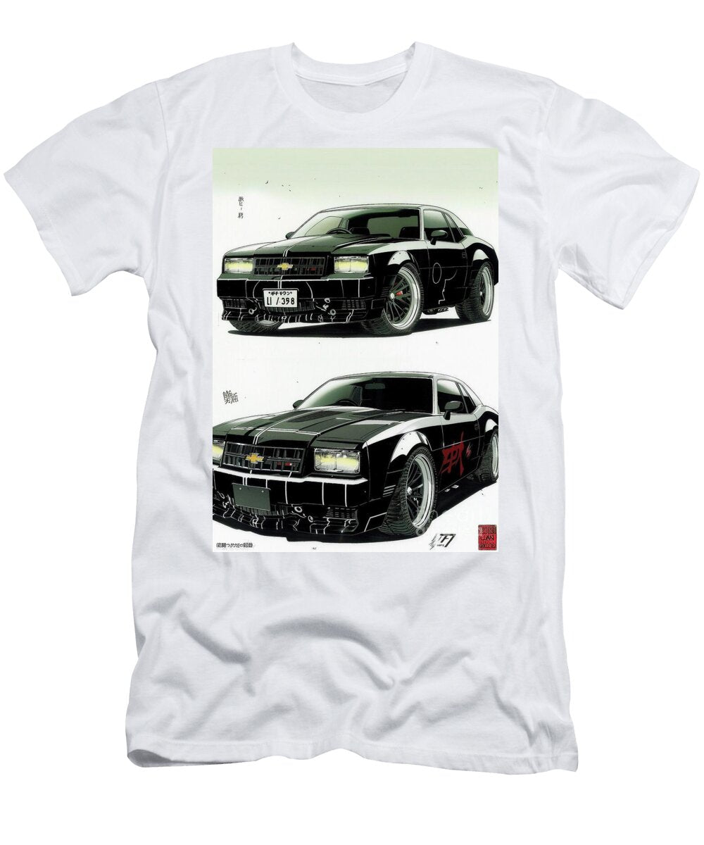 Black Chevy Custom Chevrolet Monte Carlo Ss 3rd Gen Car Illustration Japanese Street Racing Style Lowell Harann T-Shirt