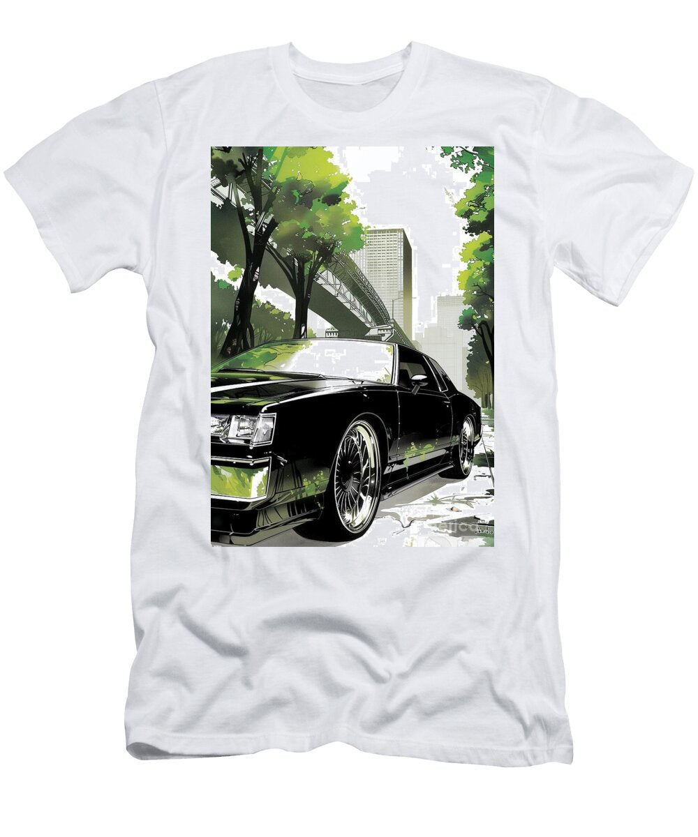 Black Classic Buick Lesabre Car in Urban Setting Illustration Lowell Harann T-Shirt