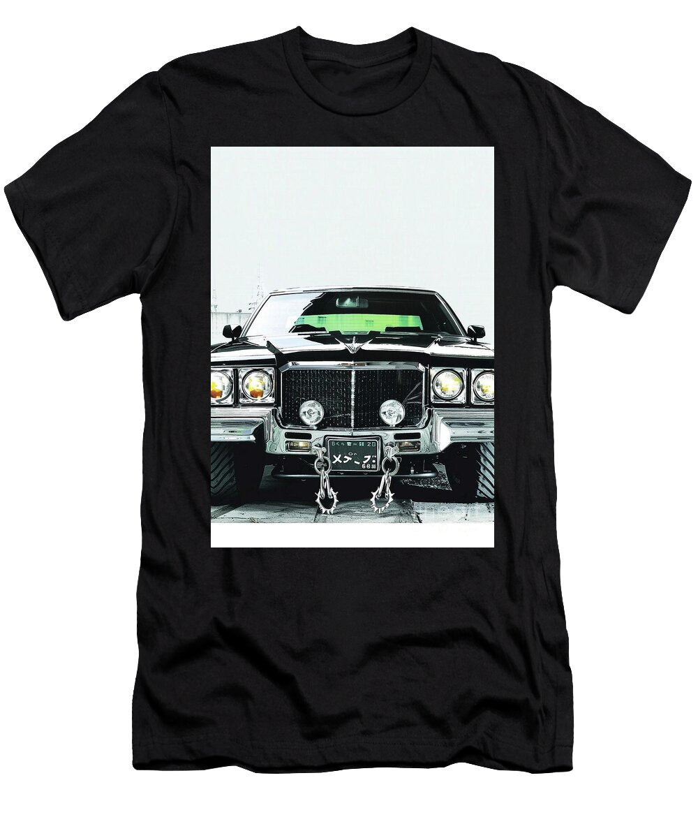 Black Classic Oldsmobile Delta 88 Car with Chrome Accents and Spiked Chains Lowell Harann T-Shirt