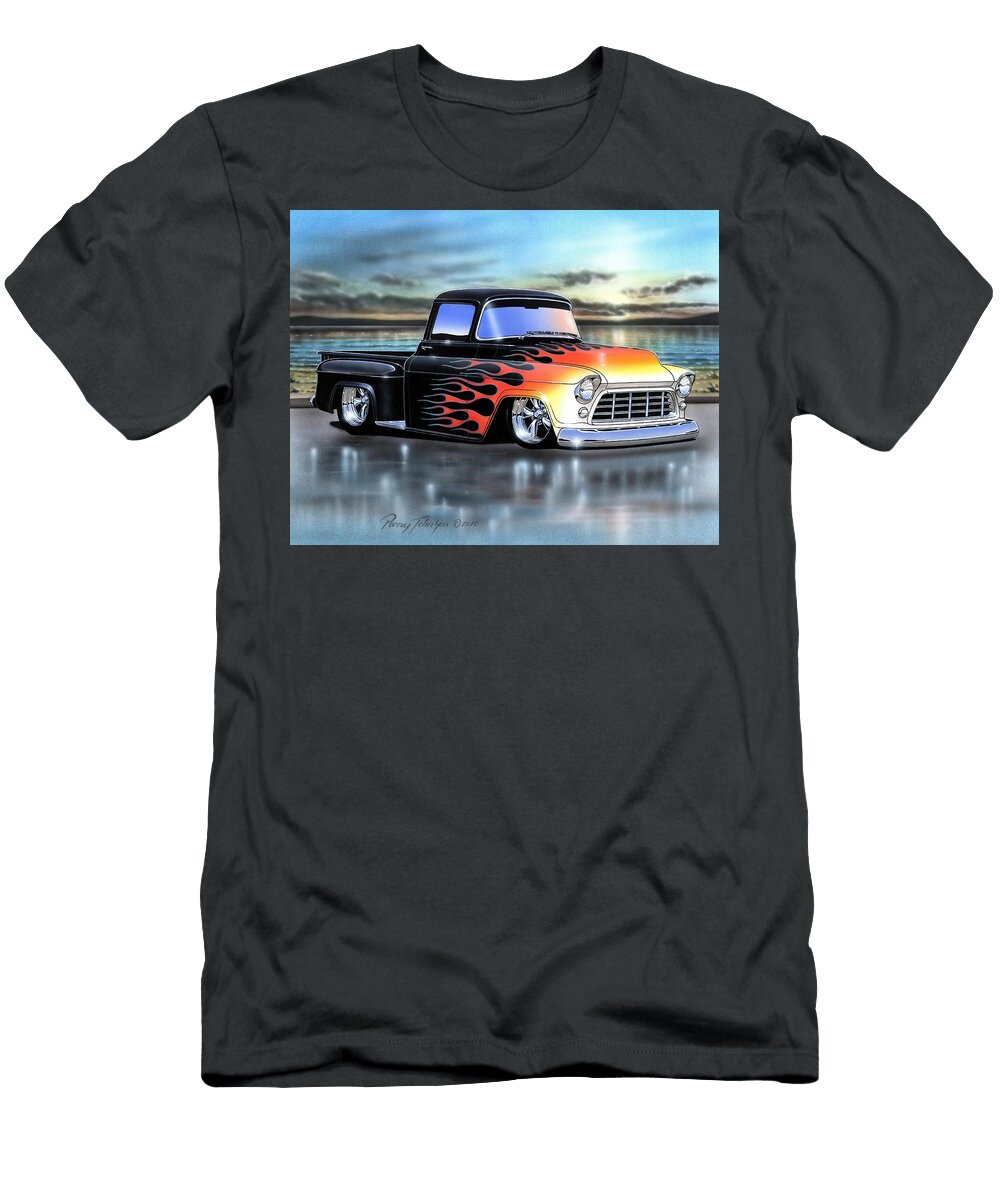 Black Flamed 1955 Chevy 3100 Stepside Pickup Truck Parry Johnson T-Shirt