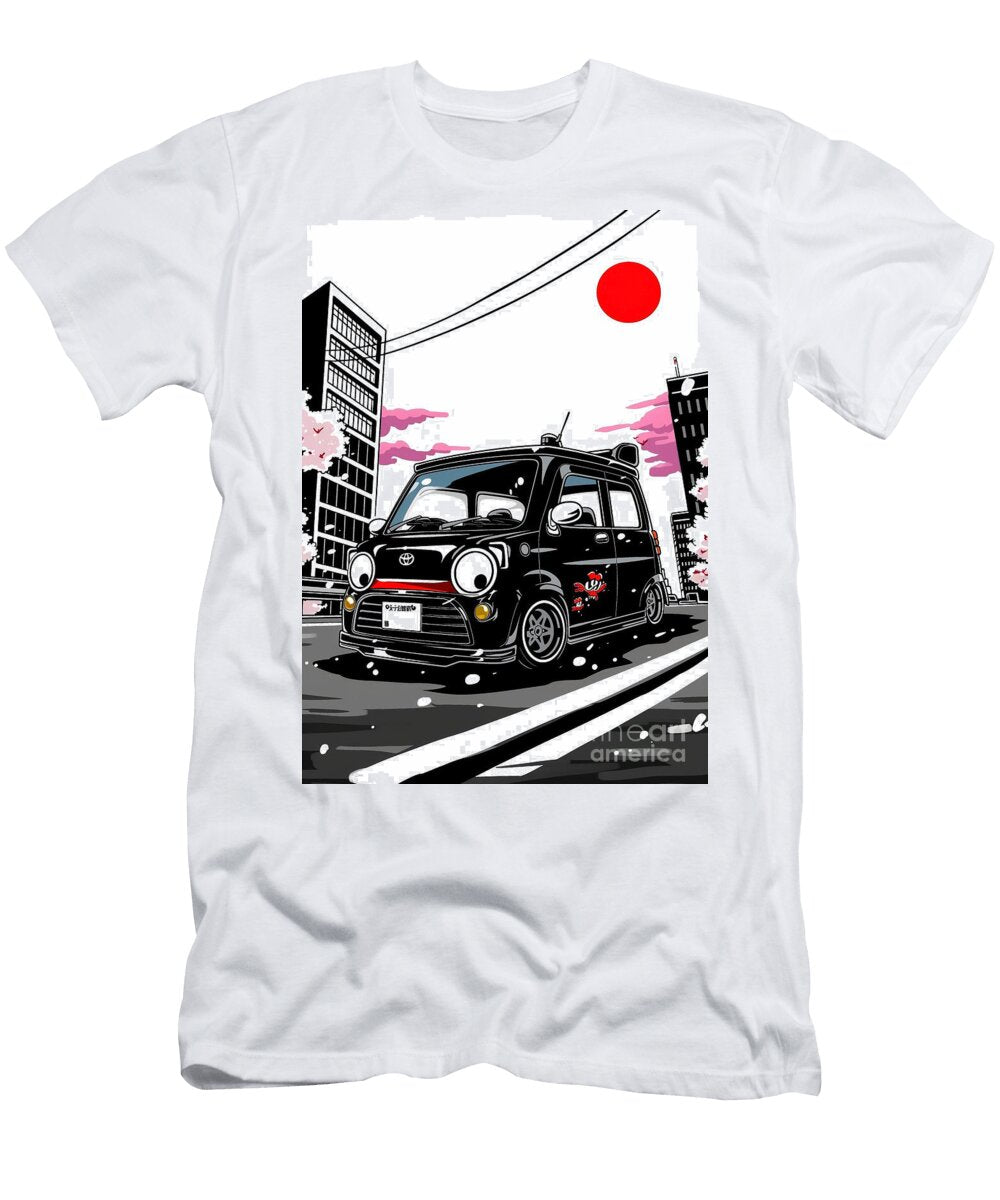 Black Jdm Daihatsu Move Illustration with Cherry Blossoms and Cityscape Lowell Harann T-Shirt