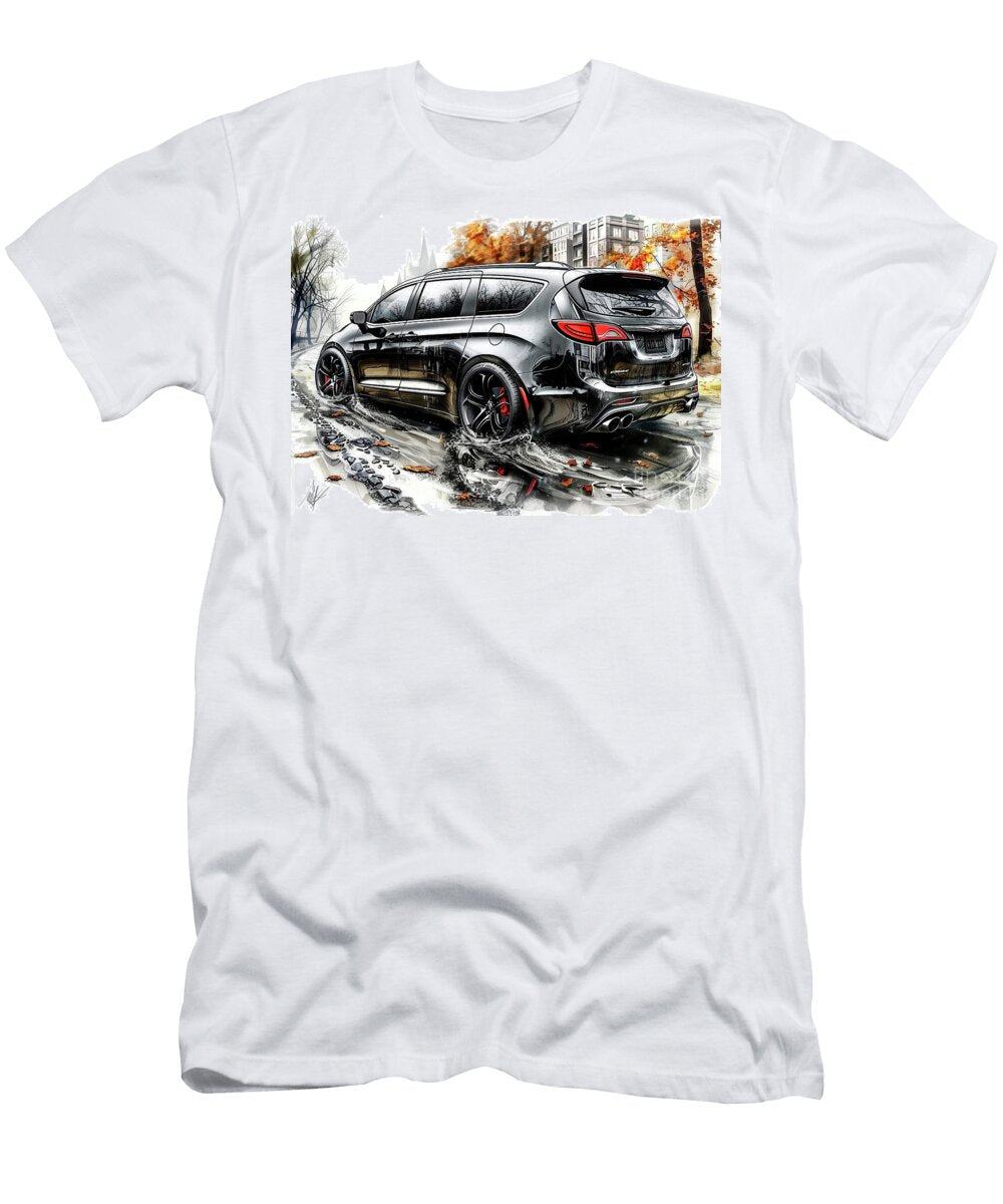 Black Minivan Illustration Cityscape with Fall Foliage Lowell Harann T-Shirt