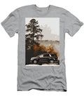 Black Minivan in a Foggy Forest a Serene Drive Destiney Sullivan T-Shirt