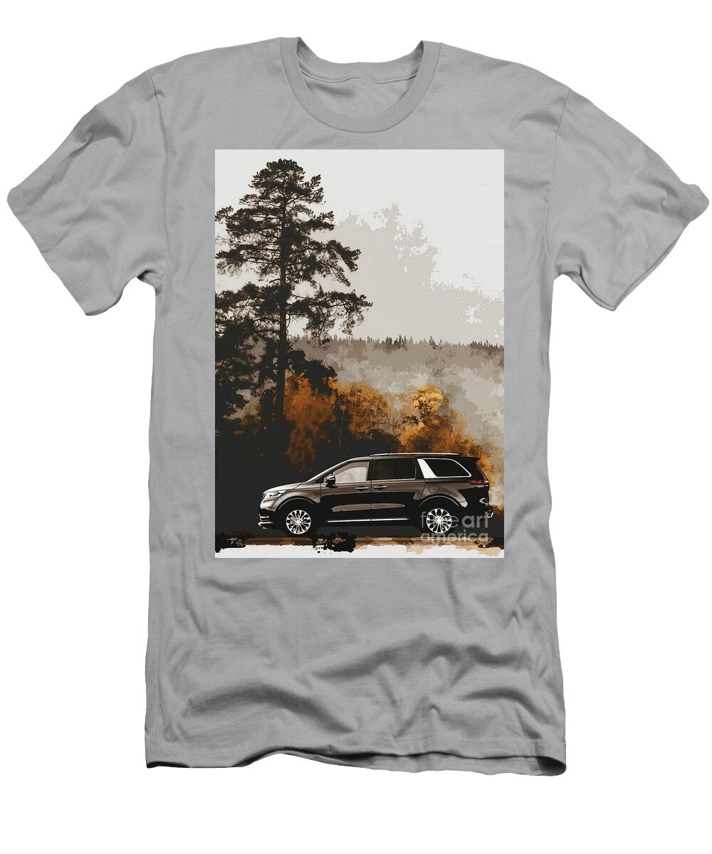 Black Minivan in a Foggy Forest a Serene Drive Destiney Sullivan T-Shirt