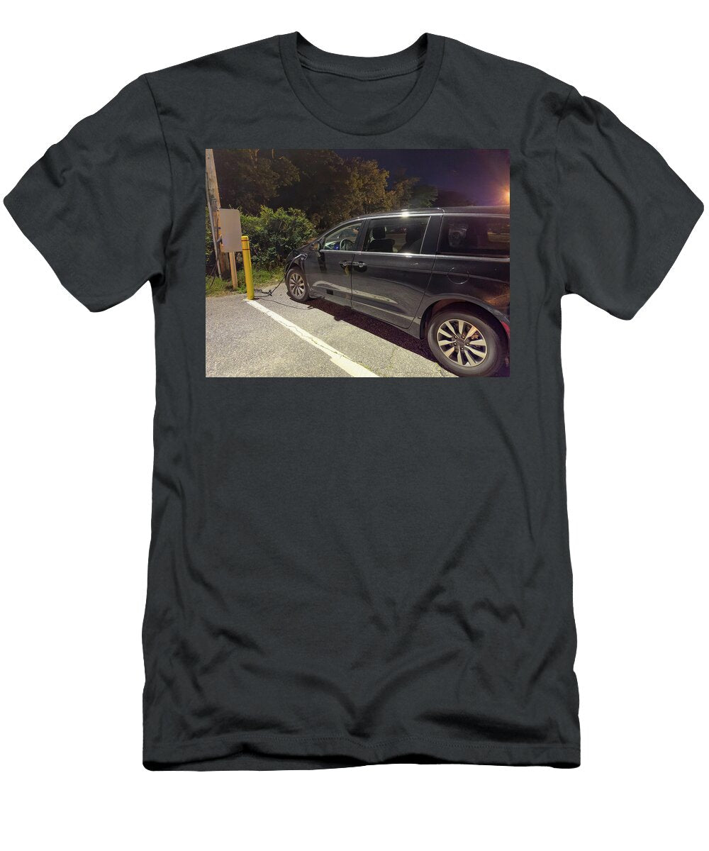 Black Minivan Plugin Hybrid Vehicle Charging At a Station At Nig Felix Mizioznikov T-Shirt