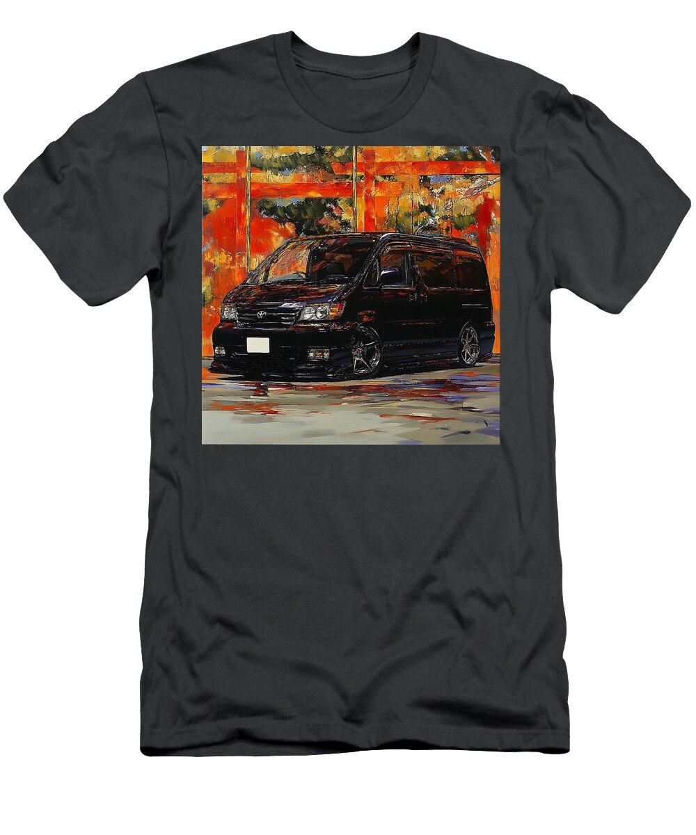 Black Van in a Vibrant Setting Japanese Car Van Art Toyota Vellfire 2002 Japan Minivan Jdm Car Vinta Grayson Sheppard T-Shirt